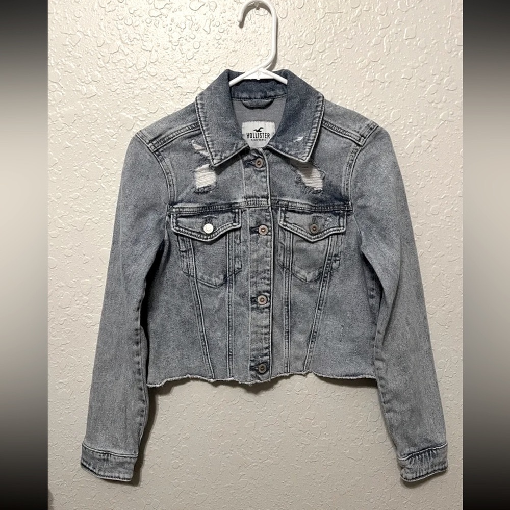 Hollister Distressed Cropped Denim Jean Jacket Womens Juniors Sz XS